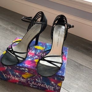 Black strappy heals satin
